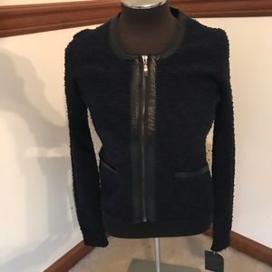 Alfani Petite Navy FauxLeather-Trim Zip-Up Sweater
